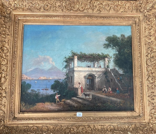 Ecole de Pausilippe XIXe : Paysage animé dans la baie de Naples
